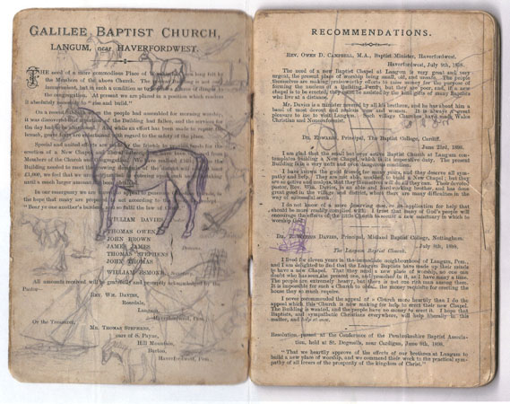 Copy of pages from a printed book regarding the potential building of a new Baptist Chapel at Llangwm